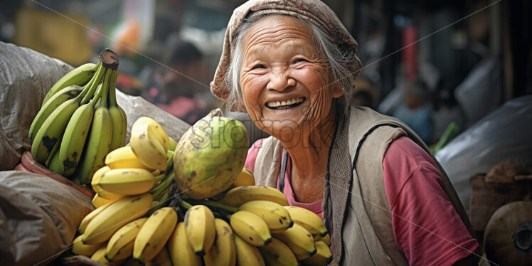 Old woman Thai's Vendor in the street of Bangkok looks so adorable while carrying bunch of bananas - Starpik Stock