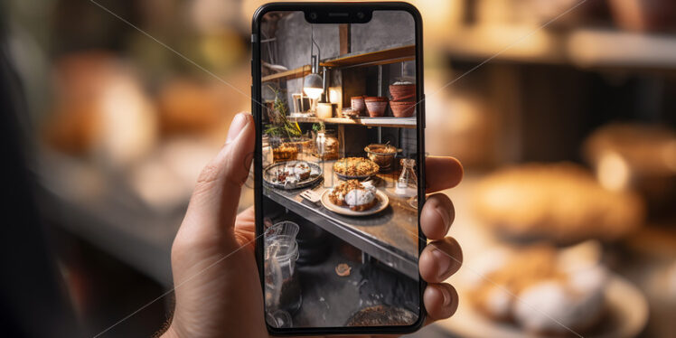 One hand holds a phone photographing a table full of dishes - Starpik Stock