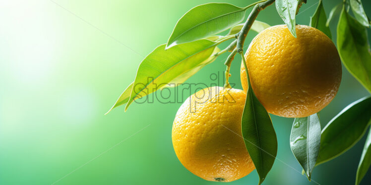 Oranges on a branch, pale green background - Starpik Stock