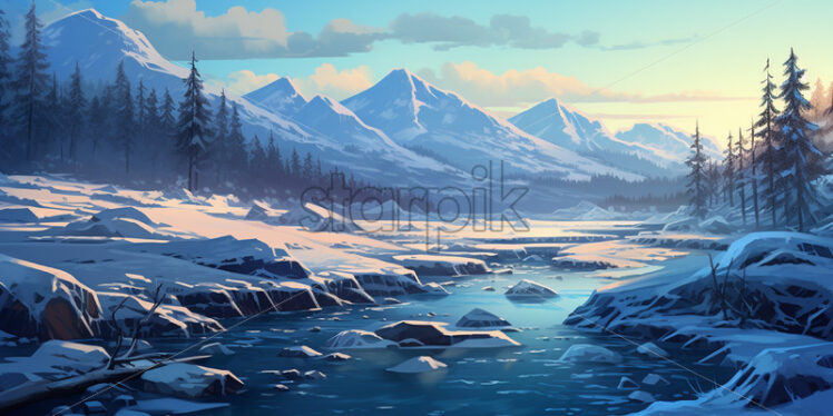 Painting of a frozen river in winter - Starpik Stock