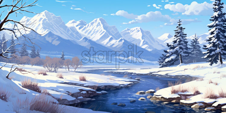 Painting of a frozen river in winter - Starpik Stock