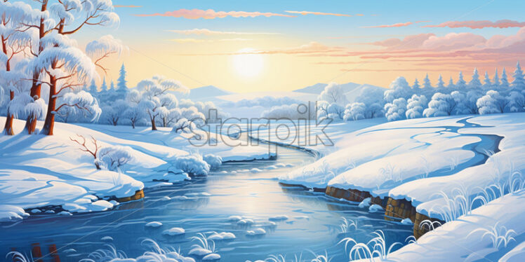 Painting of a frozen river in winter - Starpik Stock