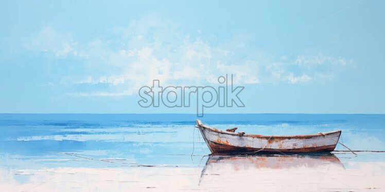 Painting of a lonely boat on the seashore - Starpik Stock