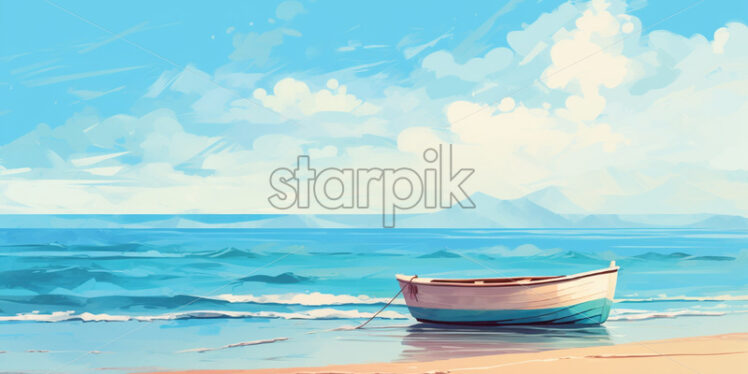 Painting of a lonely boat on the seashore - Starpik Stock