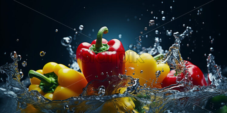 Peppers of different colors in water, on a black background - Starpik Stock