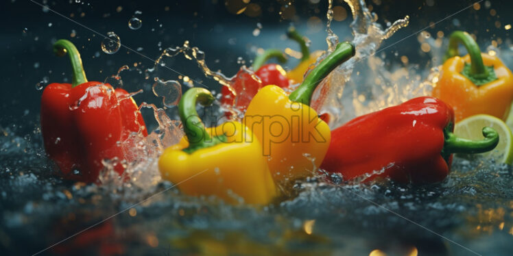 Peppers of different colors in water, on a black background - Starpik Stock