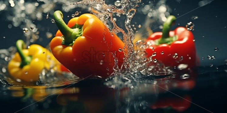 Peppers of different colors in water, on a black background - Starpik Stock