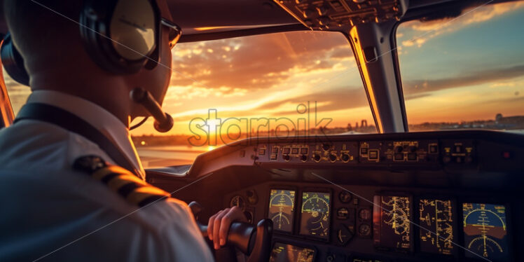 Pilot flying the plane at sunset - Starpik Stock