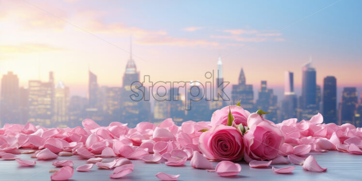 Pink rose petals on the background of a city - Starpik Stock