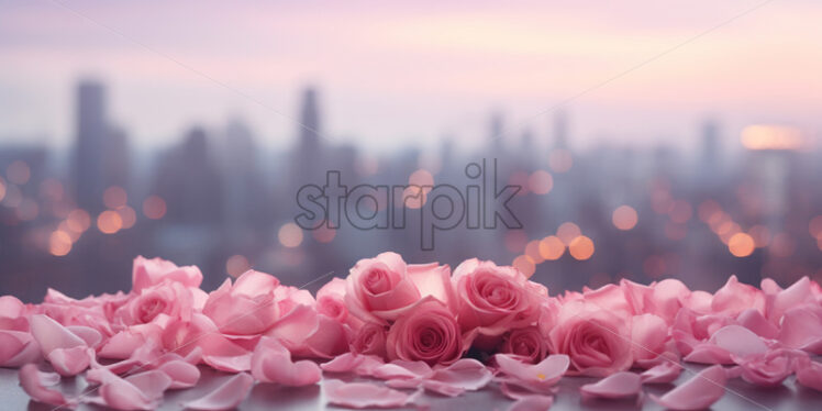 Pink rose petals on the background of a city - Starpik Stock