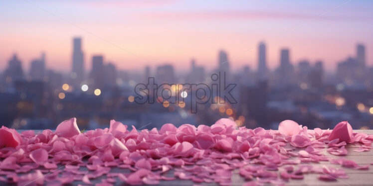 Pink rose petals on the background of a city - Starpik Stock