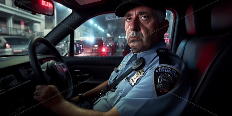 Police man driving on the police mobile car in the busy street of New York - Starpik Stock