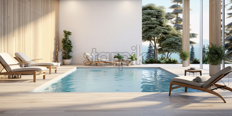 Pool area in the backyard with a small deck and four deck chair with idoor plants in a cozy ambience - Starpik Stock