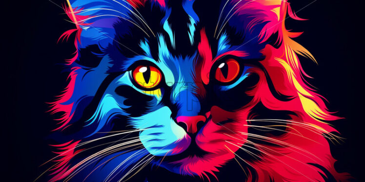 Portrait of a cat in 2d software, predominant colors red and blue - Starpik Stock