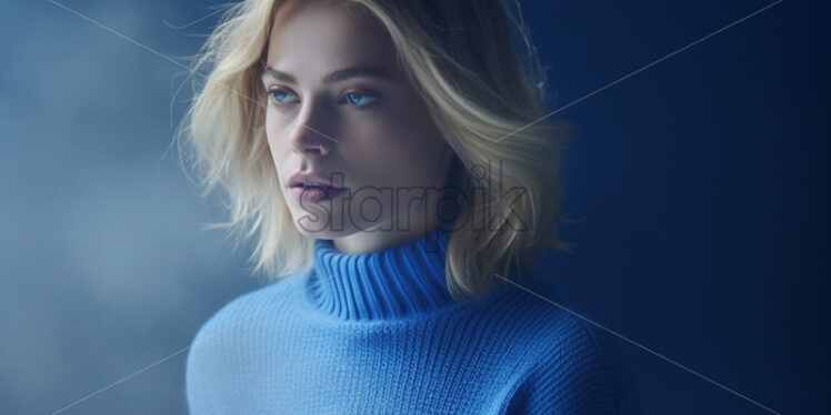 Portrait of a fashion model, blonde in a blue sweater - Starpik Stock