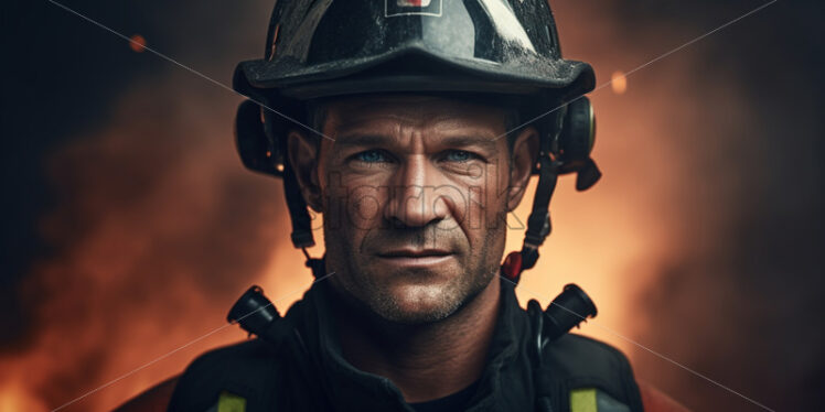 Portrait of a firefighter against a background of flames - Starpik Stock