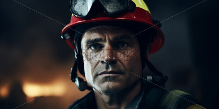 Portrait of a firefighter against a background of flames - Starpik Stock