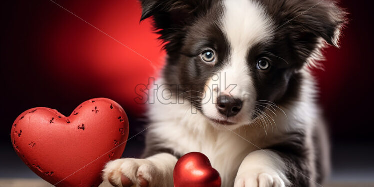 Portrait of a puppy with red hearts next to it - Starpik Stock