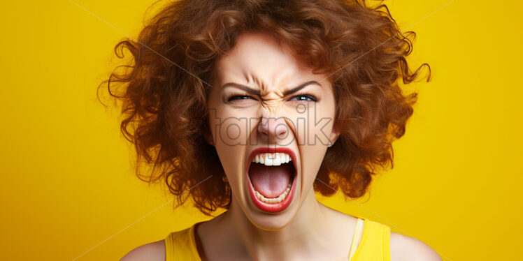 Portrait of an angry woman on a yellow background - Starpik Stock