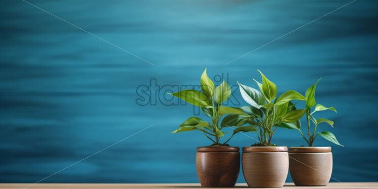 Potted plants on a wooden table, on a blue background - Starpik Stock