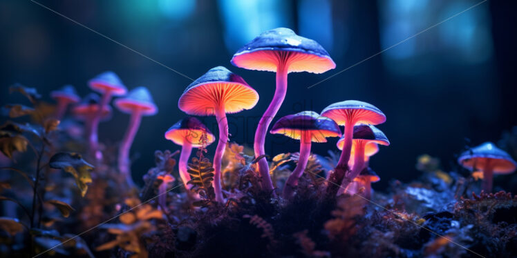 Psilocybe semilanceata mushrooms in neon style - Starpik Stock