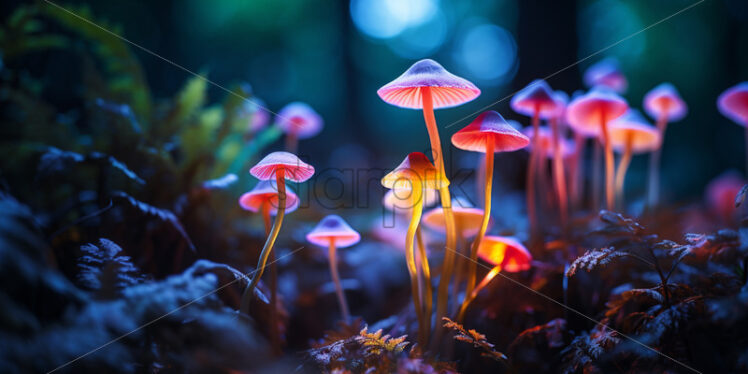 Psilocybe semilanceata mushrooms in neon style - Starpik Stock