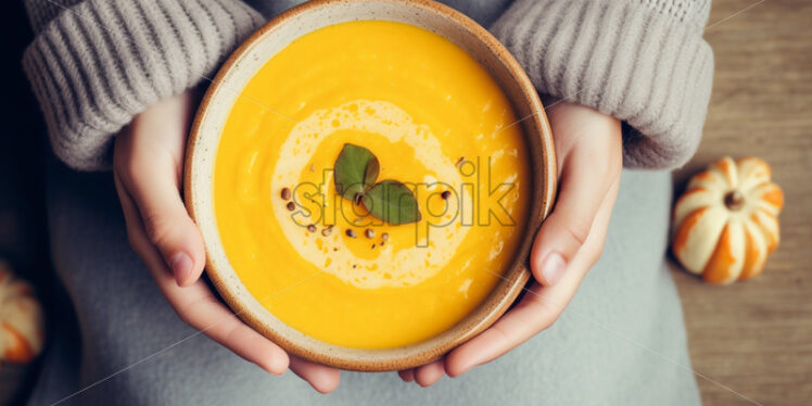 Pumpkin soup in a bowl warm, woman hands - Starpik Stock