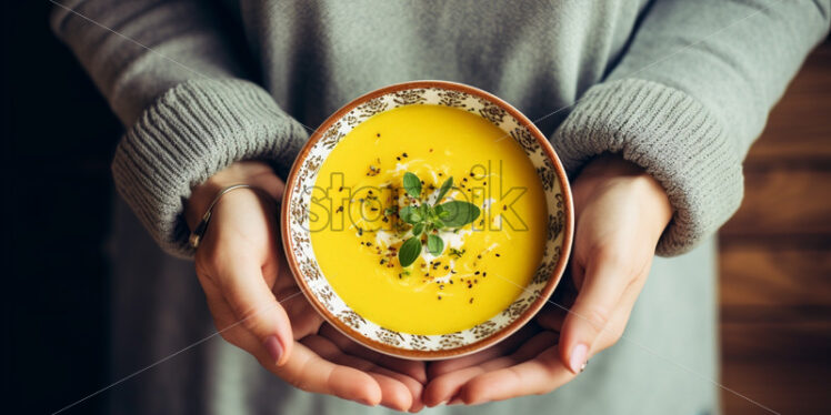 Pumpkin soup in a bowl warm, woman hands - Starpik Stock