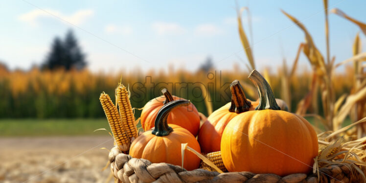 Pumpkins and corn in a basket on the field - Starpik Stock