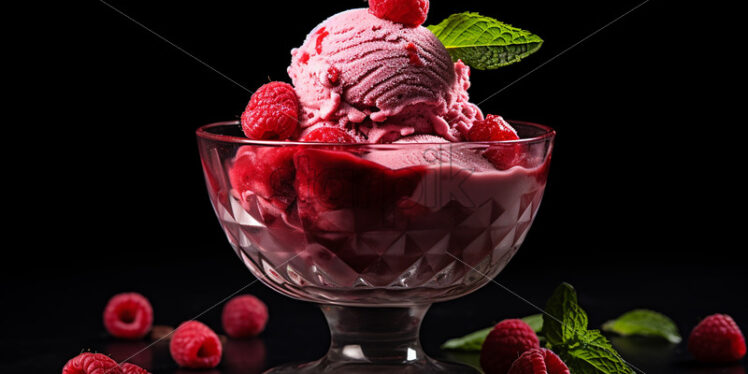 Raspberry ice cream in a glass cup on a blue background - Starpik Stock