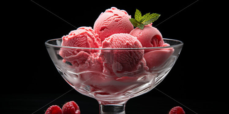 Raspberry ice cream in a glass cup on a blue background - Starpik Stock