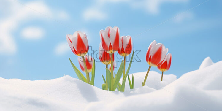 Red tulips coming out of the snow - Starpik Stock