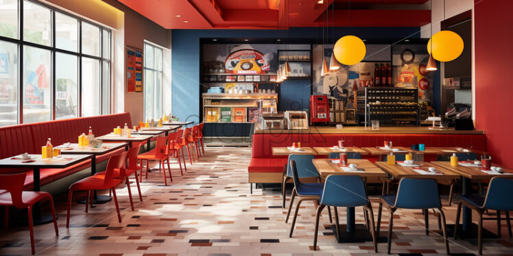 Retro Restaurant in the city with classy theme and a red and blue wall and a retro inspired wall paint with cozy resto in a neat ambience - Starpik Stock