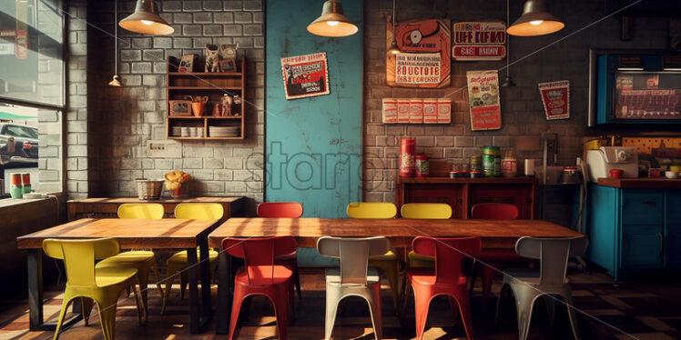 Retro vintage restaurant theme in the city with a red chair neat and stidy ambience - Starpik Stock