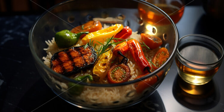 Rice with grilled vegetables in a glass bowl - Starpik Stock