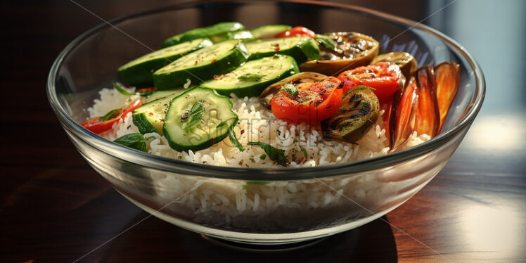 Rice with grilled vegetables in a glass bowl - Starpik Stock