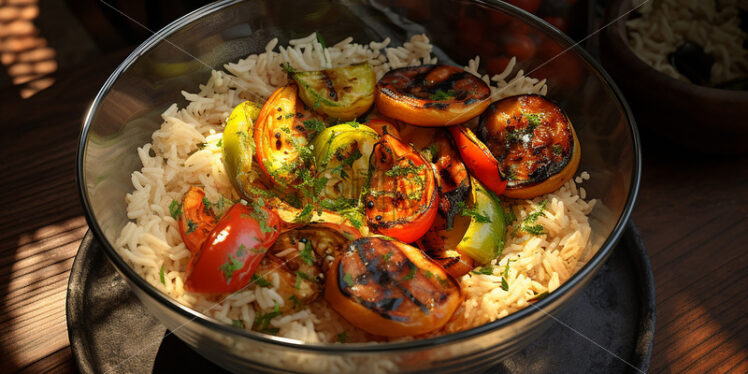 Rice with grilled vegetables in a glass bowl - Starpik Stock