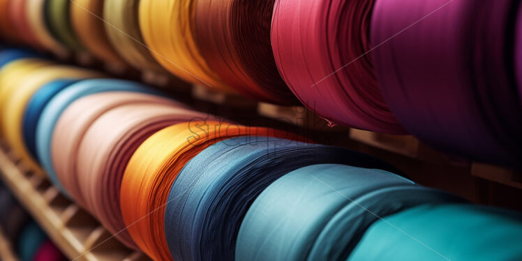 Rolls of fabric of different colors arranged on shelves - Starpik Stock