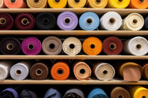 Rolls of fabric of different colors arranged on shelves - Starpik Stock