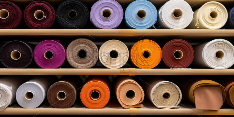 Rolls of fabric of different colors arranged on shelves - Starpik Stock