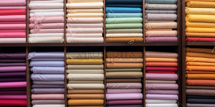 Rolls of fabric of different colors arranged on shelves - Starpik Stock