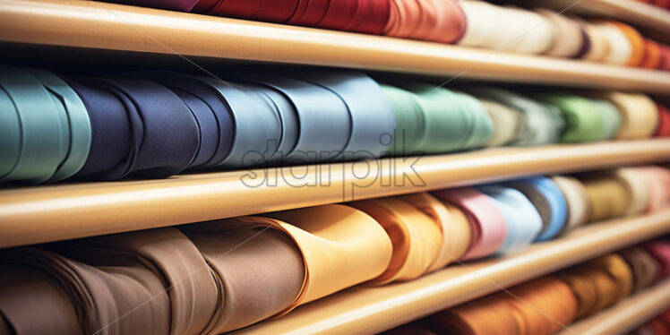 Rolls of fabric of different colors arranged on shelves - Starpik Stock