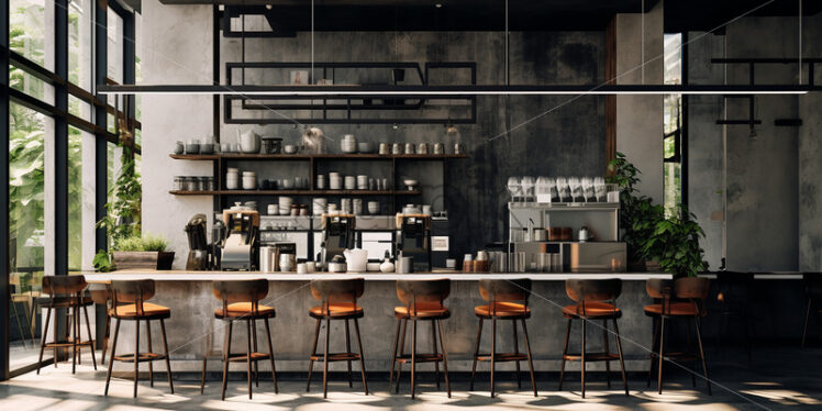 Rustic vintage cafe architecture in the city, no wall paint theme and in the counter table with wooden chair in a classy theme - Starpik Stock