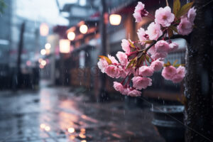 Sakura flowers in a city and rain atmosphere - Starpik Stock