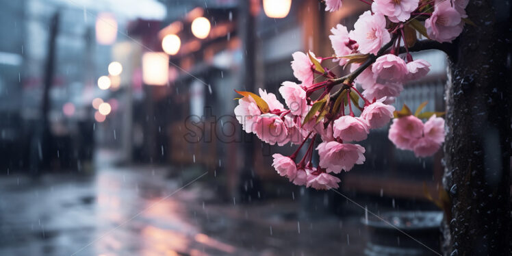 Sakura flowers in a city and rain atmosphere - Starpik Stock