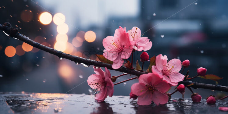 Sakura flowers in a city and rain atmosphere - Starpik Stock