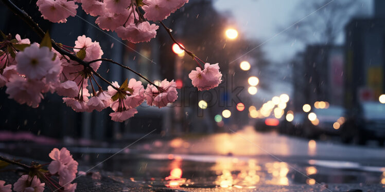 Sakura flowers in a city and rain atmosphere - Starpik Stock