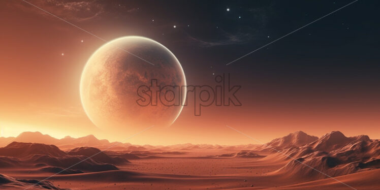 Sand dunes on the background of a planet at night - Starpik Stock