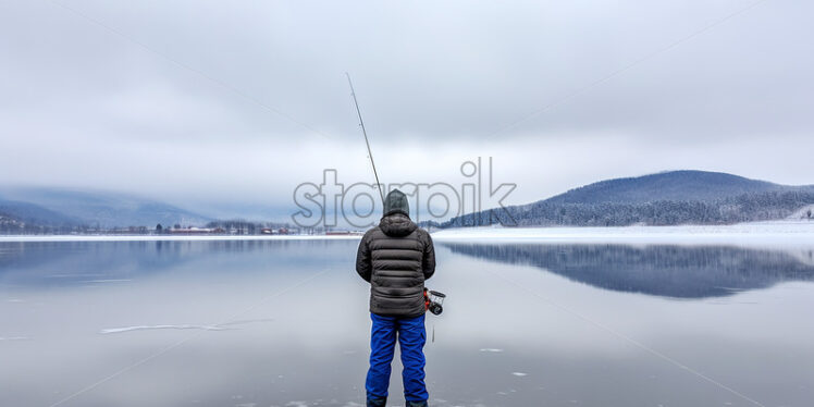 Scandinavian Ice Fisherman holding a fishing rod  - Starpik Stock