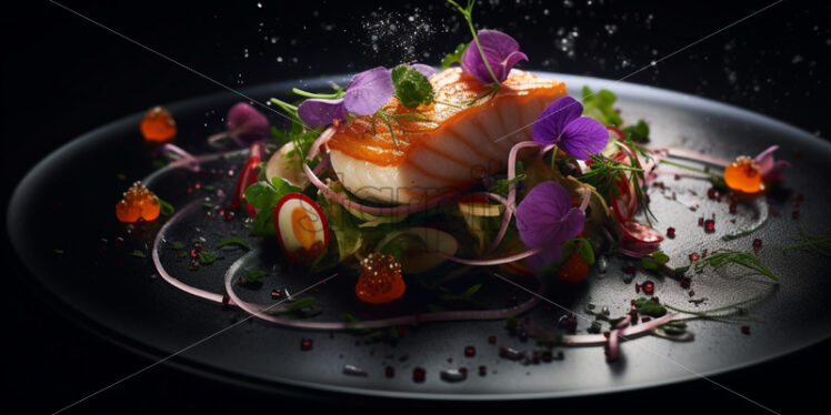 Seafood with vegetables on a black plate - Starpik Stock